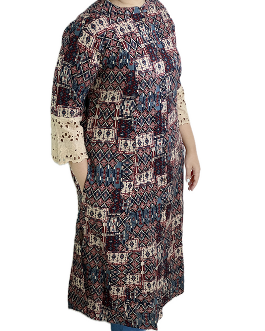 Multi color geometric printed Long cotton Kurti