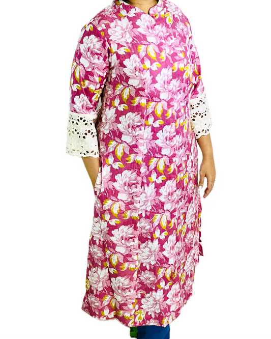 Pink floral printed long cotton Kurti
