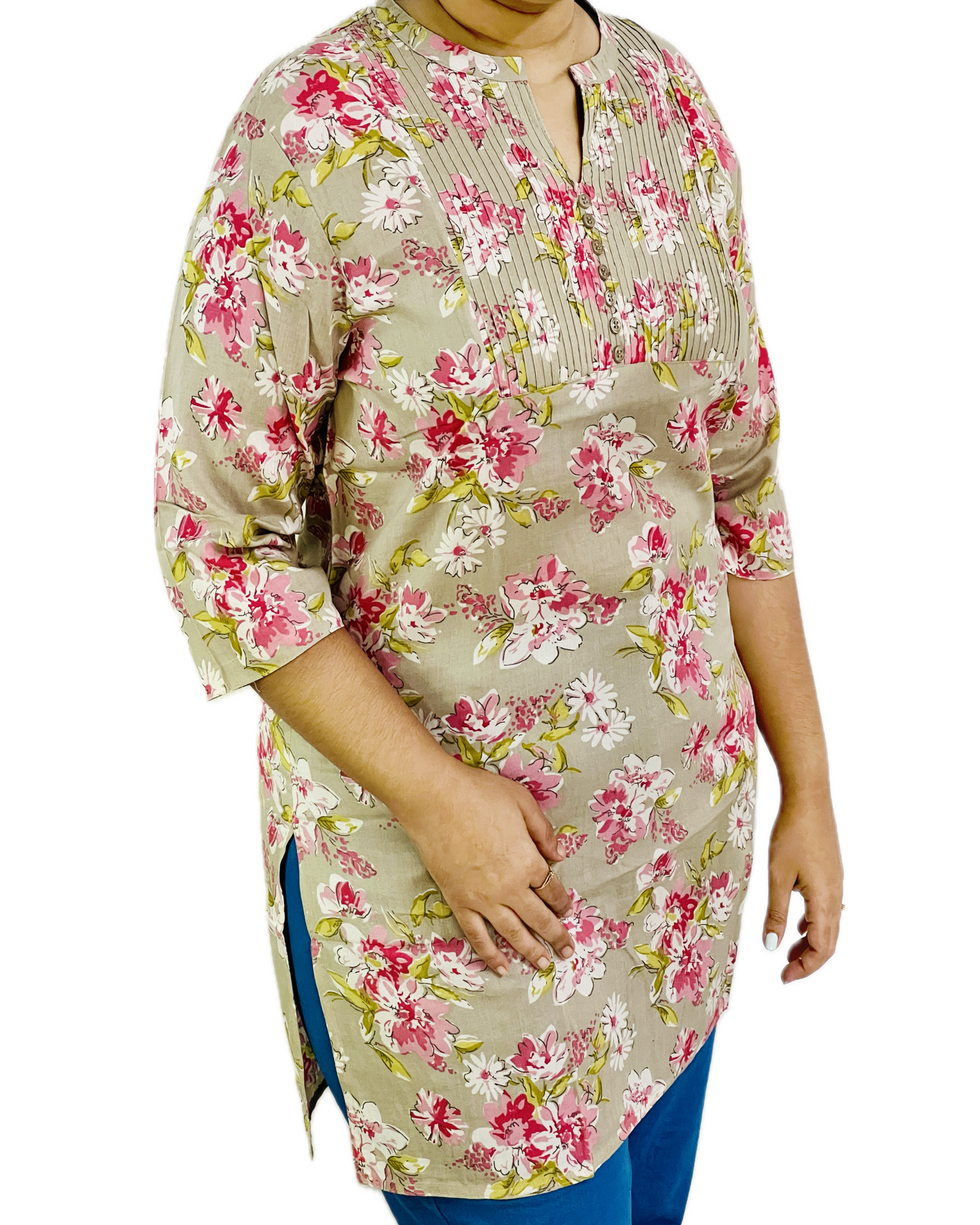 Short Kurti with floral pattern in Beige color