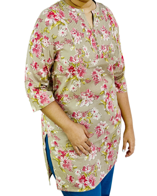 Short Kurti with floral pattern in Beige color