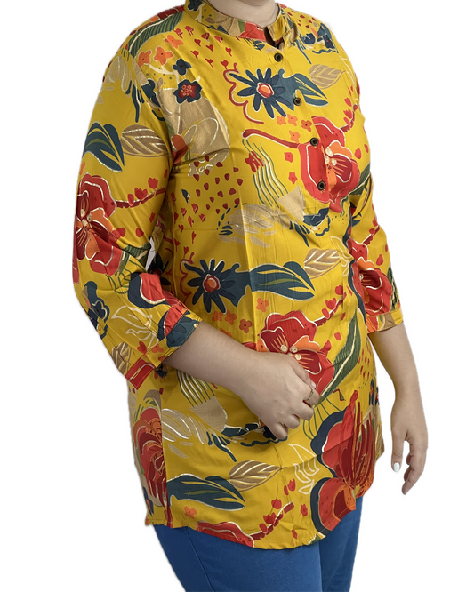 Floral short maslin silk yellow kurti