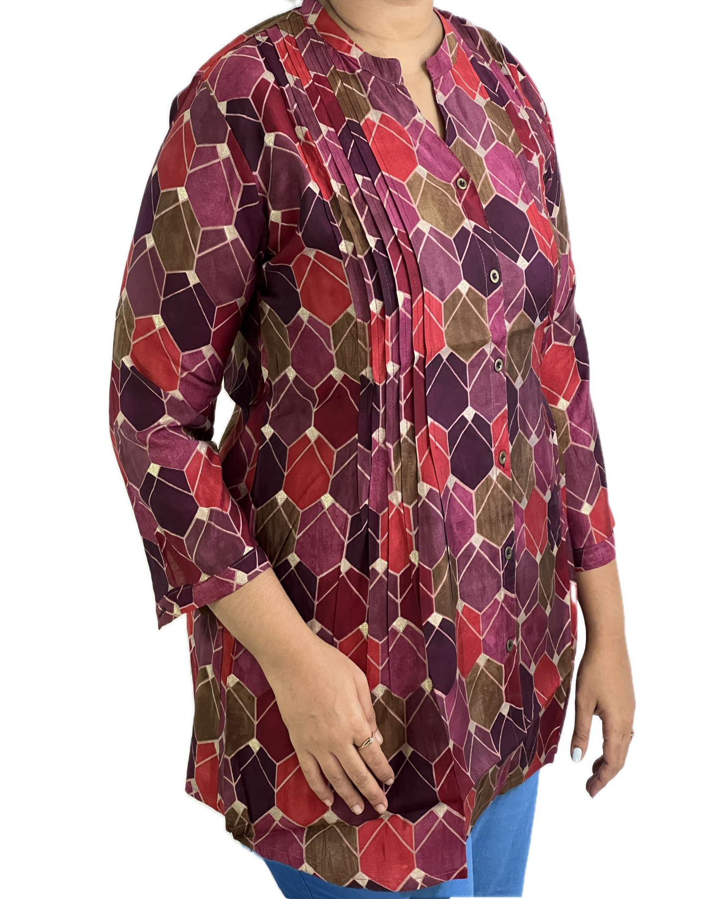 Short Maslin silk Kurti, Multi color (Red, purple, pink and golden)
