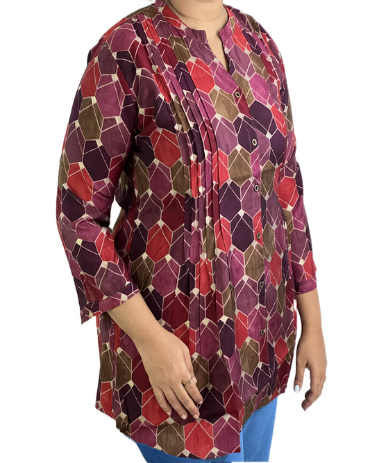 Short Maslin silk Kurti, Multi color (Red, purple, pink and golden)