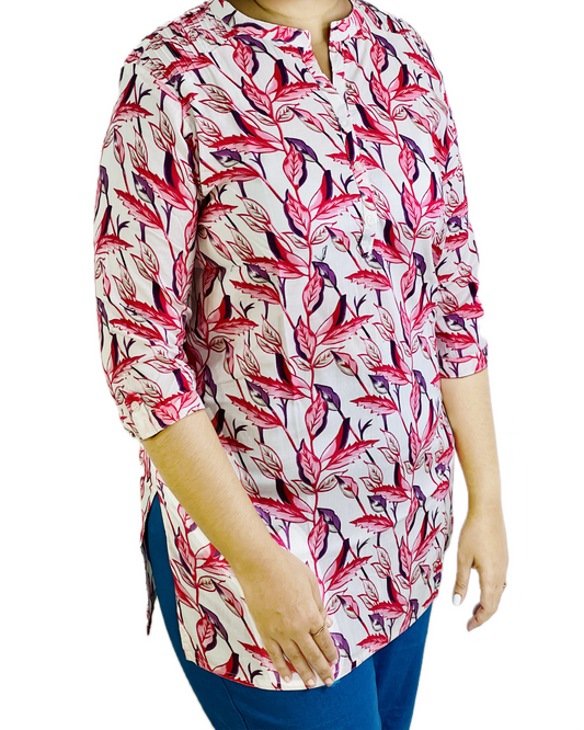 Pink floral printed short white kurti