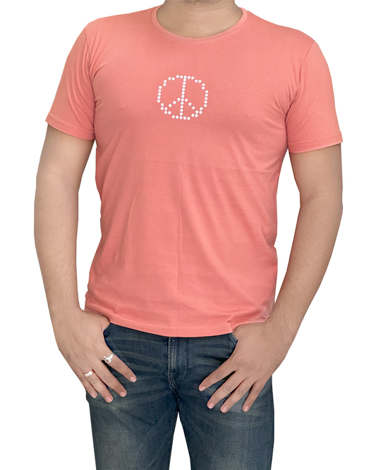 Salmon Pink Tee with Hand-Printed Silver Peace Design